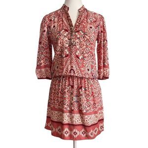 Alloy Apparel Peach Pink Floral Gold Dangle  Bead Elastic Waist Tunic Mini Dress